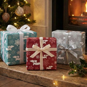Dackel Schneeflocken Weihnachten Silber Rot & Aqua Geschenkpapier Set