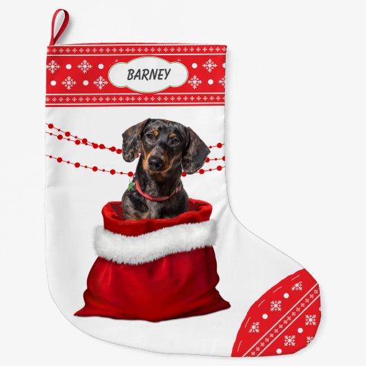 Dackel Schwarzer Tan Bag Schneeflocke Border Großer Weihnachtsstrumpf (Vorderseite)