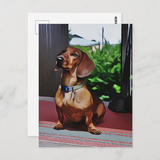 Dackel sitzt auf der Veranda des Landhauses Geburt Postkarte (Vorne/Hinten)