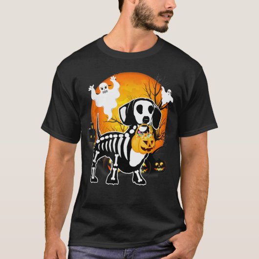 Dackel Skeleton Halloween Happy Pumpkin T-Shirt (Vorderseite)