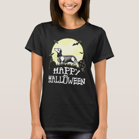 Dackel Skeleton Halloween Happy Pumpkin T-Shirt (Vorderseite)