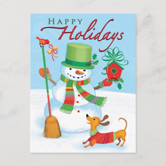 Dackel Snowman Happy Holidays Red Bird Postkarte (Vorderseite)