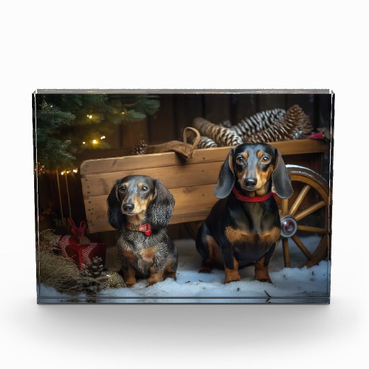 Dackel Snowy Sleigh Weihnachtsdekor Fotoblock (Vorderseite)