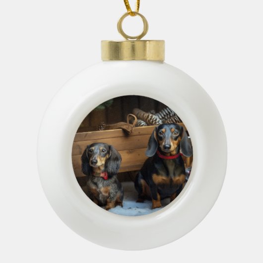 Dackel Snowy Sleigh Weihnachtsdekor Keramik Kugel-Ornament (Vorderseite)