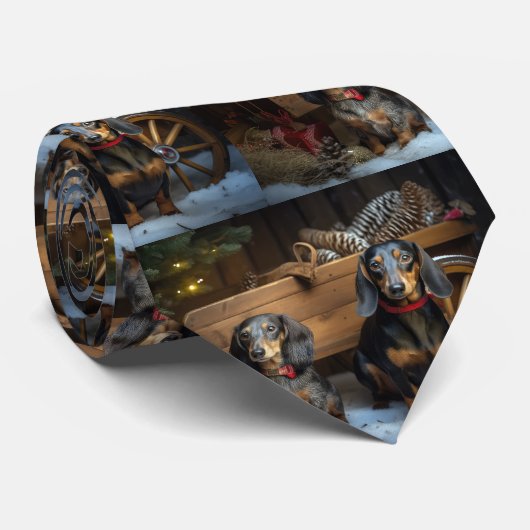 Dackel Snowy Sleigh Weihnachtsdekor Krawatte (Gerollt)