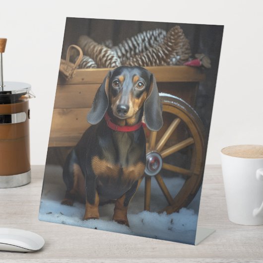 Dackel Snowy Sleigh Weihnachtsdekor Sockelschild (In Situ)