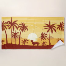 Dackel-Sonnenuntergang-Badetuch-Palme-Dackel-Hund