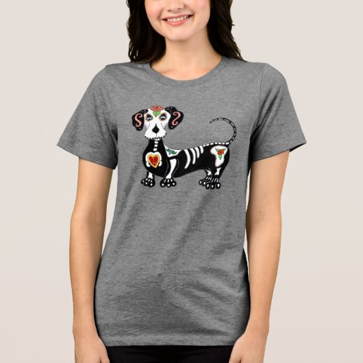 Dackel Sugar Skull Tri-Blend Shirt (Vorderseite)
