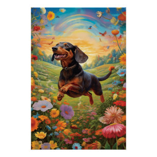 Dackel tanzt mit farbenprächtiger Schmetterling Poster