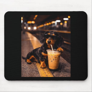 Dackel trinkt Eiskaffee Lustiges Tier Meme Mousepad