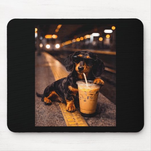 Dackel trinkt Eiskaffee Lustiges Tier Meme Mousepad (Vorne)