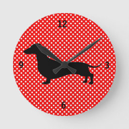 Dackel-Uhr für rote und weiße Polka-Dot Runde Wanduhr