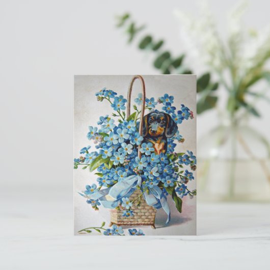 Dackel und Vergessen-Ich-Nots Postkarte (Stehend Vorderseite)
