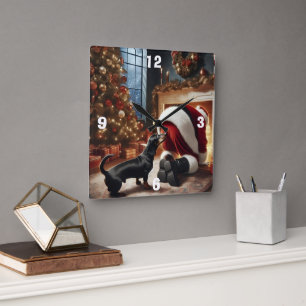 Dackel und Weihnachtsmann Quadratische Wanduhr