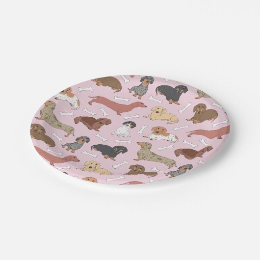 Dackel-Variantenmuster in Rosa Pappteller (Schrägansicht)