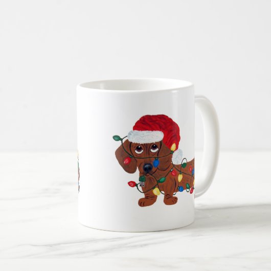 Dackel verwirrt in den Weihnachtslichtern (rot) Kaffeetasse (VorderseiteRechts)