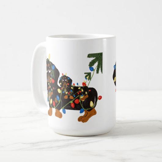 Dackel verwirrt in der Weihnachtslicht-Tasse Kaffeetasse (Vorderseite Links)