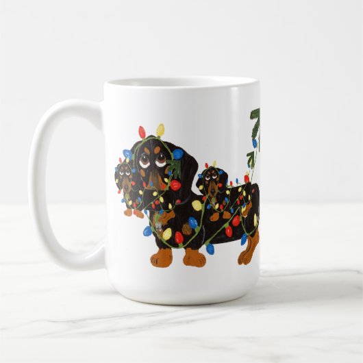 Dackel verwirrt in der Weihnachtslicht-Tasse Kaffeetasse (Links)