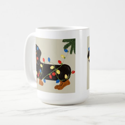 Dackel verwirrte in Weihnachtslicht-Schwarzem/in Kaffeetasse (Vorderseite Links)