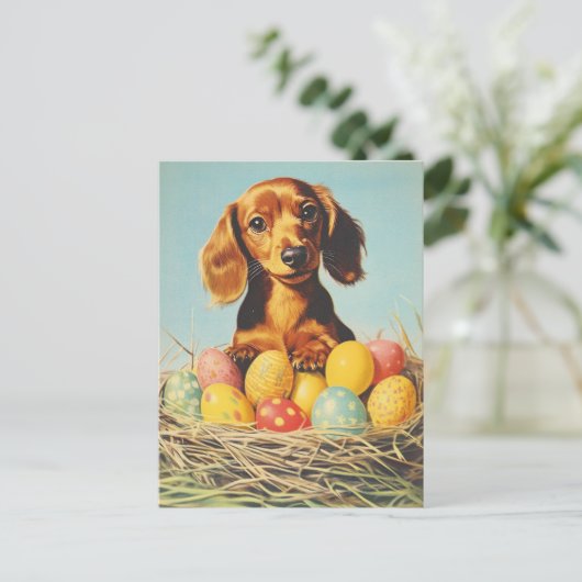 Dackel Vintag Ostern Postkarte (Stehend Vorderseite)