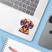 Dackel Vinyl Sticker - Herzbrille (Laptop mit iPhone)