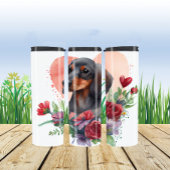 Dackel von Aquarellen, umgeben von farbenfroher Bl Thermosbecher