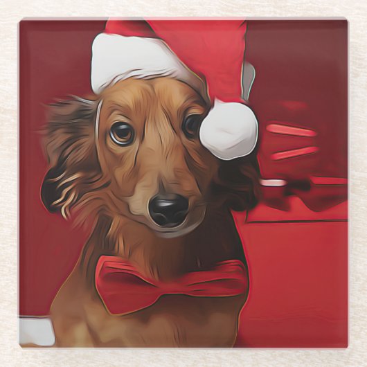 Dackel vor einem Weihnachtsgeschenk Glasuntersetzer (Vorderseite)