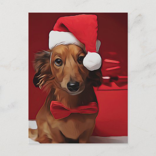 Dackel vor einem Weihnachtsgeschenk Postkarte (Vorderseite)