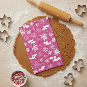 Dackel Weihnachten Schneeflocken Magenta Geschirr  Küchentuch