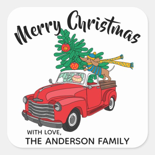 Dackel Weihnachtsbaum-Einkaufslabel Quadratischer Aufkleber (Vorderseite)