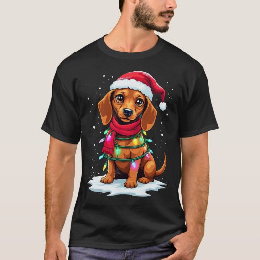 Dackel Weihnachtsbaum Niedliche Weihnachtsmannmütz T-Shirt (Vorderseite)