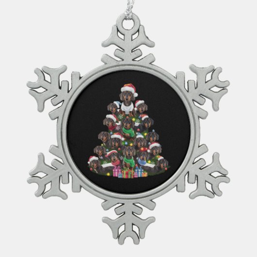 Dackel Weihnachtsbaum Schneeflocken Zinn-Ornament (Vorderseite)