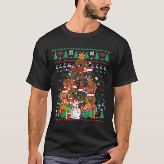 Dackel Weihnachtsbaum Weihnachtsmannmütze Ugly Swe T-Shirt (Vorderseite)