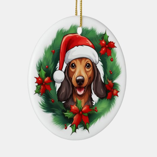 Dackel Weihnachtskranz Keramik Ornament (Rechts)