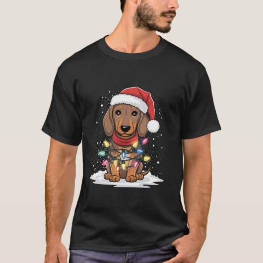 Dackel Weihnachtslicht Weihnachtsmannmütze Hund Lo T-Shirt (Vorderseite)
