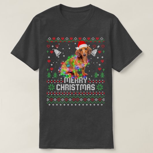 Dackel Weihnachtsmannmütze Hund Weihnachtsbaum Lig T-Shirt (Design vorne)