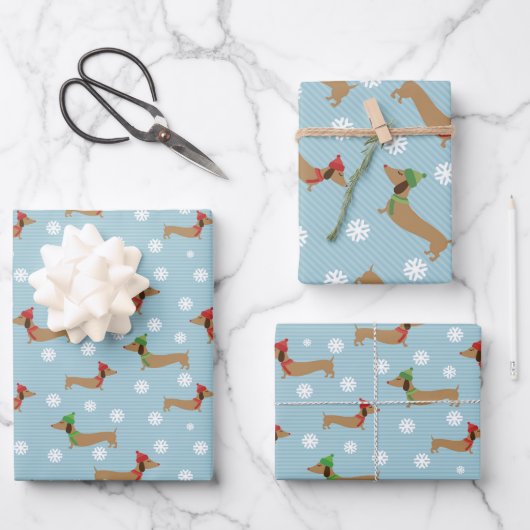 Dackel Weihnachtswrapping Paper Niedliche Schneefl Geschenkpapier Set (Vorderseite)