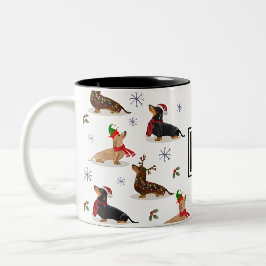 Dackel Weihnachtswurst Dog Monogramm Zweifarbige Tasse (Links)