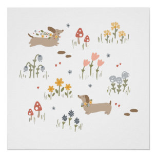 Dackel Weiner Dog liebt Wildblume Mauer Kunst Poster