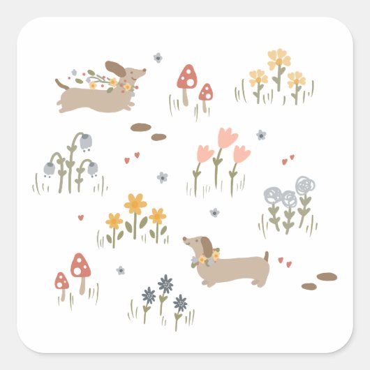 Dackel Weiner Dog liebt Wildblume Stationery Quadratischer Aufkleber (Vorderseite)