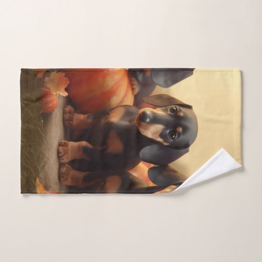 Dackel Welpe Herbst Kürbis Badhandtuch Set (Handtuch)