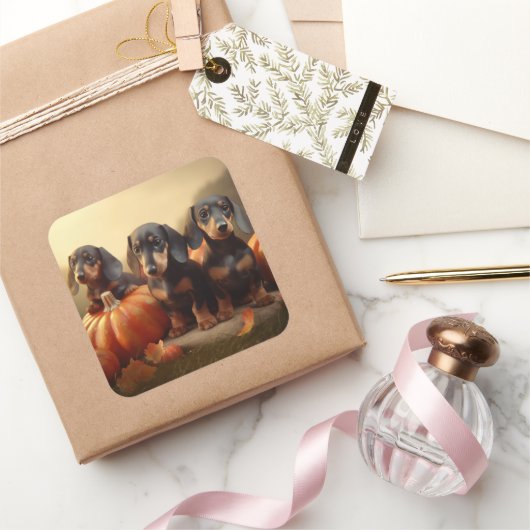 Dackel Welpe Herbst Kürbis Quadratischer Aufkleber (Schenken)