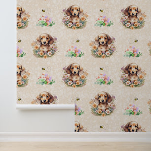 Dackel Welpe Hund Bee Floral auf Creme Tapete