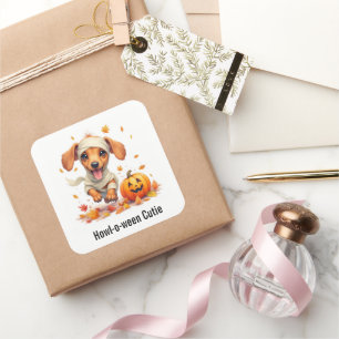 Dackel Welpe Mummy Halloween Wasserfarbe Quadratischer Aufkleber