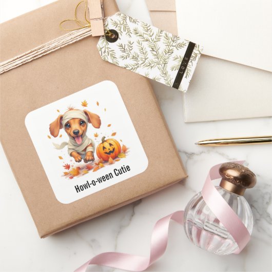 Dackel Welpe Mummy Halloween Wasserfarbe Quadratischer Aufkleber (Schenken)