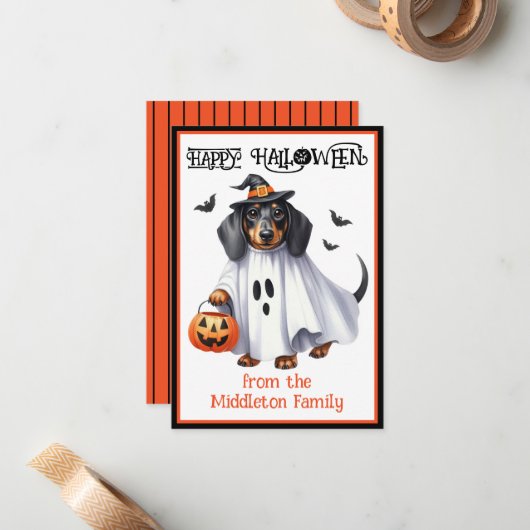 Dackel Welpenhund Happy Halloween Mitteilungskarte (Vorderseite/Rückseite Beispiel)