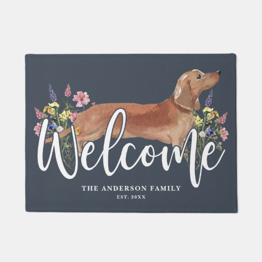 Dackel Wildblume Blauer Empfang Fußmatte (Vorderseite)