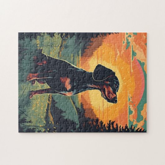 Dackel Winterwald bei Sonnenuntergang Puzzle (Horizontal)