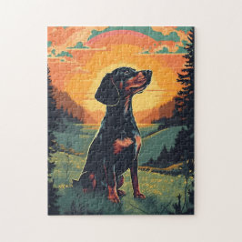 Dackel Winterwald bei Sonnenuntergang Puzzle