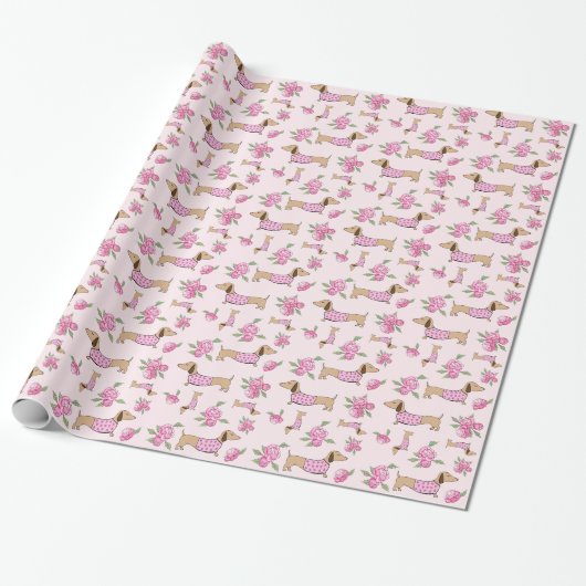 Dackel Wrapping Paper Pink Floral Geschenkwrap Geschenkpapier (Ungerollt)